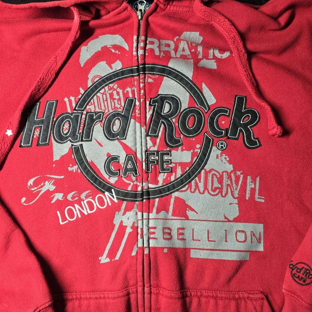 Hard Rock Cafe Men's Red London Full Zip Hoodie Sz 2XL Stitched Graphic - Picture 2 of 10